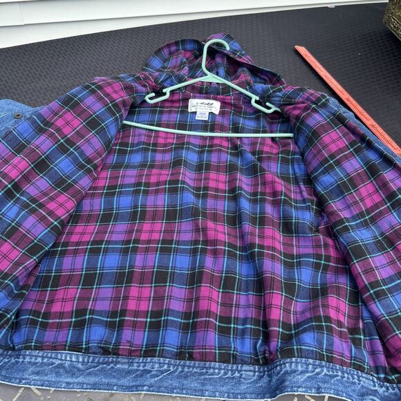 Back In The Saddle Jean Plaid Hoodie Large Blue Denim Western Grunge 80’s Look - Picture 7 of 7